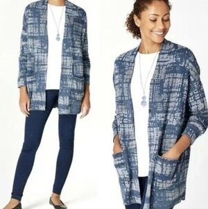 Pure Jill Artisan Indigo Cardigan Petite‎ S Blue Gray Plaid Snap Front Jacket